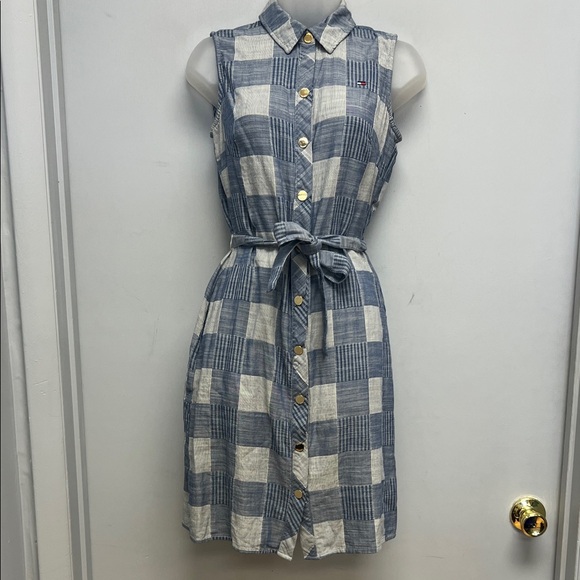 Tommy Hilfiger Dresses & Skirts - Tommy Hilfiger Sleeveless Shirt Dress Blue Patchwork Plaid Tie Waist Size 2